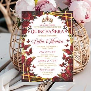 Invitaciones De Quinceañera, Editable Red Burgundy & Gold, Butterfly Floral Template, Mis Quince Anos, Sweet 16 Party, Fiesta De Quince Años