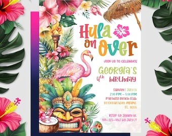 Hawaiian Luau Birthday Invitation Editable, Tropical Aloha Invite Template, Summer Beach Party Invitation, Kids Party Canva Template Access