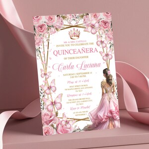 Blush Pink & Rose Gold Quinceañera, Editable Tiara Rose, Floral Mis Quince Anos, 15th Birthday Party Invite Template, Canva Instant Download