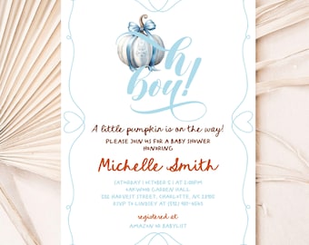 May include: Baby shower invitation with a light blue border and text. The invitation features a blue pumpkin with a bow and the words "Oh boy!" in cursive. The text reads "A little pumpkin is on the way!" and details for the event.