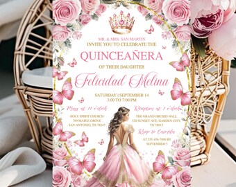 Blush Pink and Gold Quinceañera Invitation, Mis Quince Anos Invitation, Editable Blush Pink Butterfly Template, Floral 15th Birthday Girl