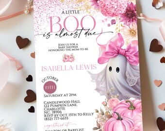 A Little Boo Baby Shower uitnodiging, roze spookbloemen Halloween uitnodiging, Coquette pompoen meisje babyshower, bewerkbare Canva sjabloon ALB06