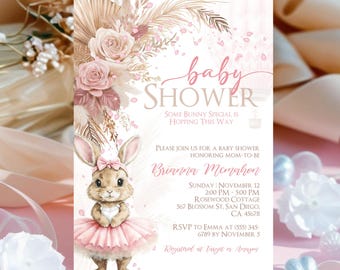 Pink Boho Rabbit Baby Shower Invite, Editable Girl Rabbit Baby Shower Invitation, Baby Shower Invitation, Baby Invitation Bunny Template