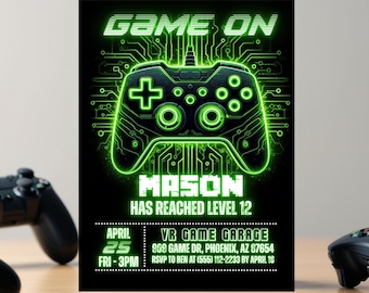 Inbjudan till spelfödelsedag, inbjudan till videospelsfest, födelsedagstema för nivåuppgradering, födelsedagsinbjudan till spel, redigerbar utskrivbar mall för nedladdning