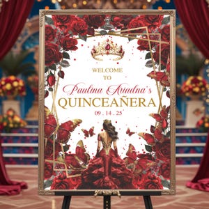 Editable Red Burgundy Rose Gold Quinceañera Welcome Sign Floral 15th Birthday Poster Mis Quince Años Poster Quinceañera Party Entrance Sign