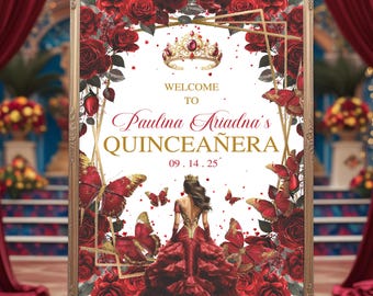 Puede incluir: Un letrero enmarcado con borde dorado, con el texto "Welcome to Paulina Ariadna's Quinceañera" y la fecha 09.14.25. El diseño incluye rosas rojas, mariposas y una mujer con un vestido rojo.