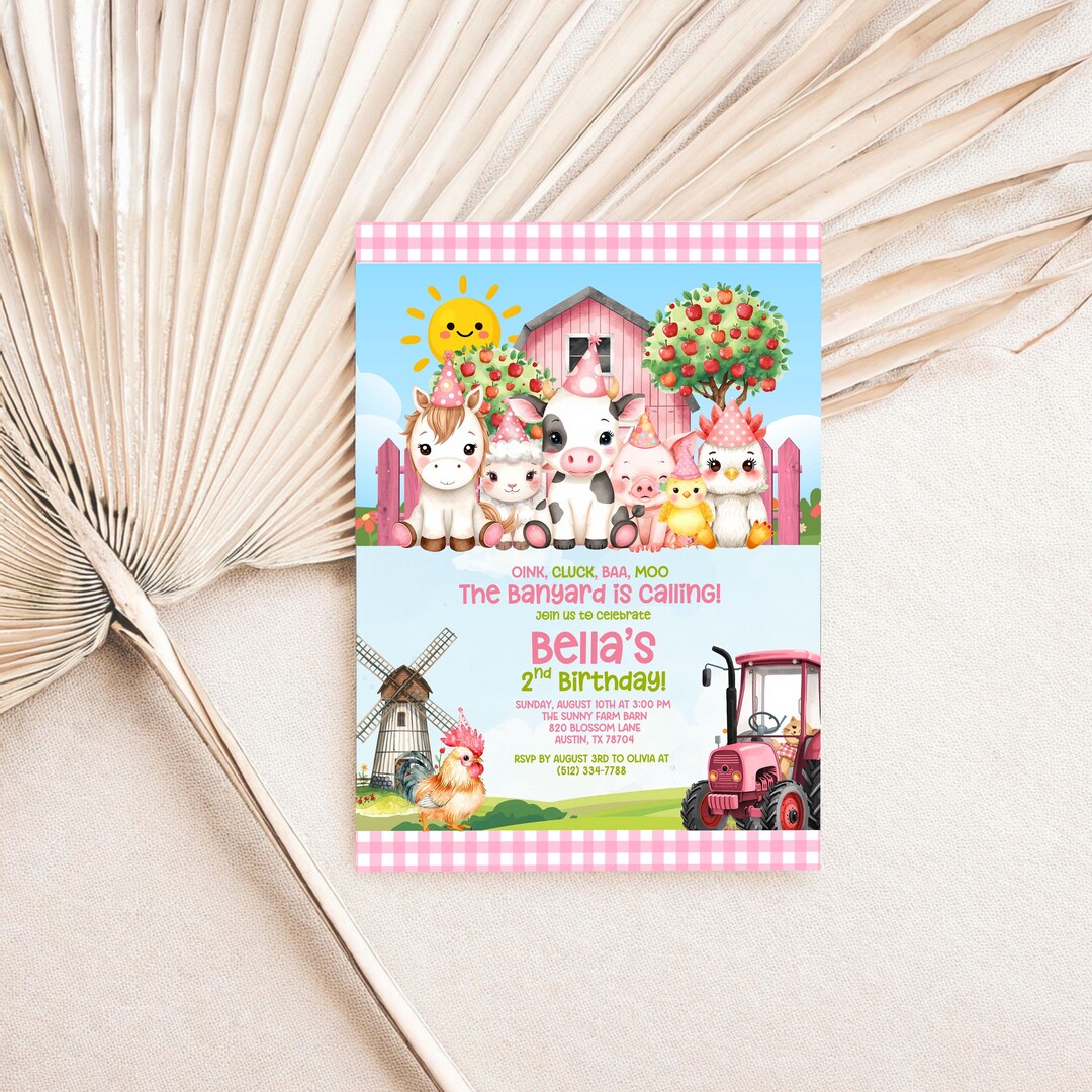 Pink Gingham Barnyard Birthday Invitation, Farm Animals Girl Party ...