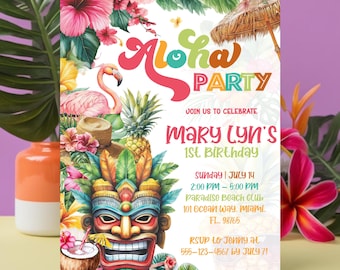 Hawaiianische Luau-Einladung, tropische Geburtstagsfeier einladen, bearbeitbare Aloha-Geburtstagseinladung, Luau-Geburtstagsfeier-Vorlage, Aloha Kids Party