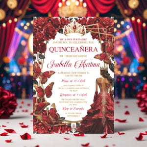 Gold Tiara Quinceañera Invitation, Editable Burgundy Red, Floral Butterfly Design, Mis Quince Anos, Sweet 16 Printable Party Invite Download