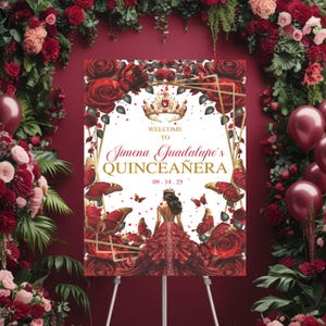 Elegante Sinal de Boas-Vindas Quinceañera Red Gold Quince, Sinal de Boas-Vindas Quinceañera, Cartaz Floral Editável, Mis Quince Anos 15th, Download Instantâneo