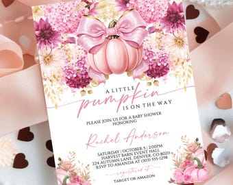 Fall Baby Shower Invitation Girl, Little Pumpkin is On The Way Pink Girl, Editable Pink Bow Little Pumpkin Baby Shower Invite Canva Template