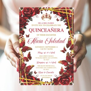 Invito modificabile rosso bordeaux Quinceañera, floreale rosso e oro, farfalla Mis Quince Anos, diadema stampabile, invito Fiesta de Quinceañera
