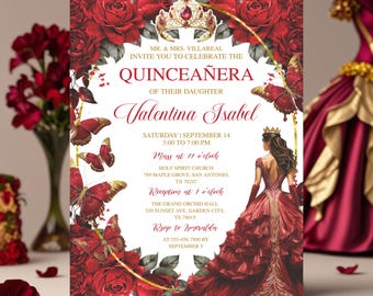 Modern Quinceañera Invitation, Editable Red Burgundy Gold, Butterfly Tiara Theme, Floral 15th Birthday Invite Mis Quince Años Party Download