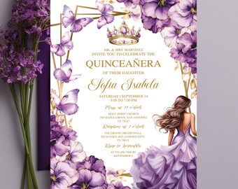 May include: Purple and gold quinceañera invitation with a floral design and a crown. The invitation includes the text "MR. & MRS. MARTINEZ INVITE YOU TO CELEBRATE THE QUINCEAÑERA OF THEIR DAUGHTER Sofia Isabela" and details for the event.