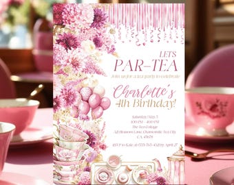 Floral Tea Party Birthday Invitation Girl, Editable Par-Tea Invite, Printable Garden Tea Party Theme, Tea Party Birthday Digital Download