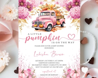 Pink Truck Baby Shower Invitation, A Little Pumpkin Fall Girl Baby Shower Invite, Editable Pumpkin Autumn Template Instant, Digital Download