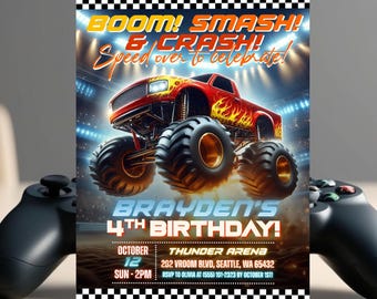 Boom Crash Monster Truck Birthday Invitation, Monster Jam Party Invite, Trucks Birthday Invite, Modern Monster Truck Invitations Editable