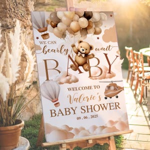 Bearbeitbares Teddybär-Ballon-Babyparty-Willkommensschild, Wir können Bärenbaby-Boho-Bärnposter-neutrale Babypartydekor-Schildschablone warten