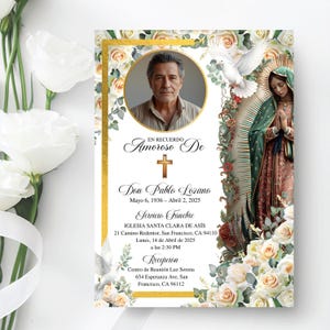 May include: A memorial card with a portrait of a man, surrounded by floral and religious imagery. The card includes text in Spanish, with dates and locations for a memorial service.