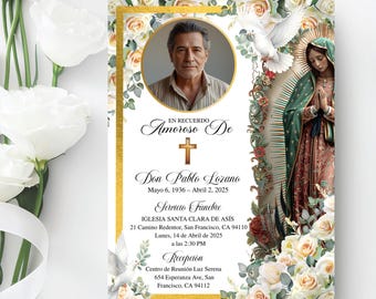 Hiszpańskie zaproszenie pamiątkowe, edytowalny szablon katolicki, hiszpański pogrzeb, Virgen María Floral, Anuncio Fúnebre, Celebración de Vida Imprimible