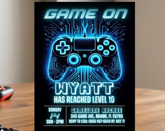 Inbjudan till videospel, videospelsfest, födelsedagsinbjudan till Game On, födelsedagsinbjudan till gamer för barn, redigerbar mall, direktnedladdning