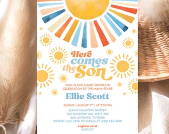 May include: A baby shower invitation with a retro sun design. The invitation features the text "Here comes the Son" in a playful font, along with event details. The design includes a large sunburst and smaller sun illustrations.