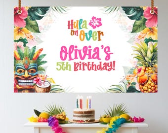 Fondo de cumpleaños con piña hawaiana tropical, editable, pancarta para fiesta luau hawaiana, decoración de fotomatón de verano, descarga instantánea CPC003
