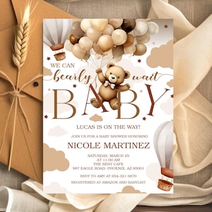 Faire-part de baby shower ours neutre en matière de genre, nous pouvons attendre très longtemps une invitation modifiable, téléchargement numérique Boho beige et marron