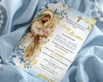Virgen Mary Azul Niño Baptism Invitation Editable Template, Spanish Mi Bautizo Tarjeta Católica Digital Invite, Blue Christening Baptism Boy