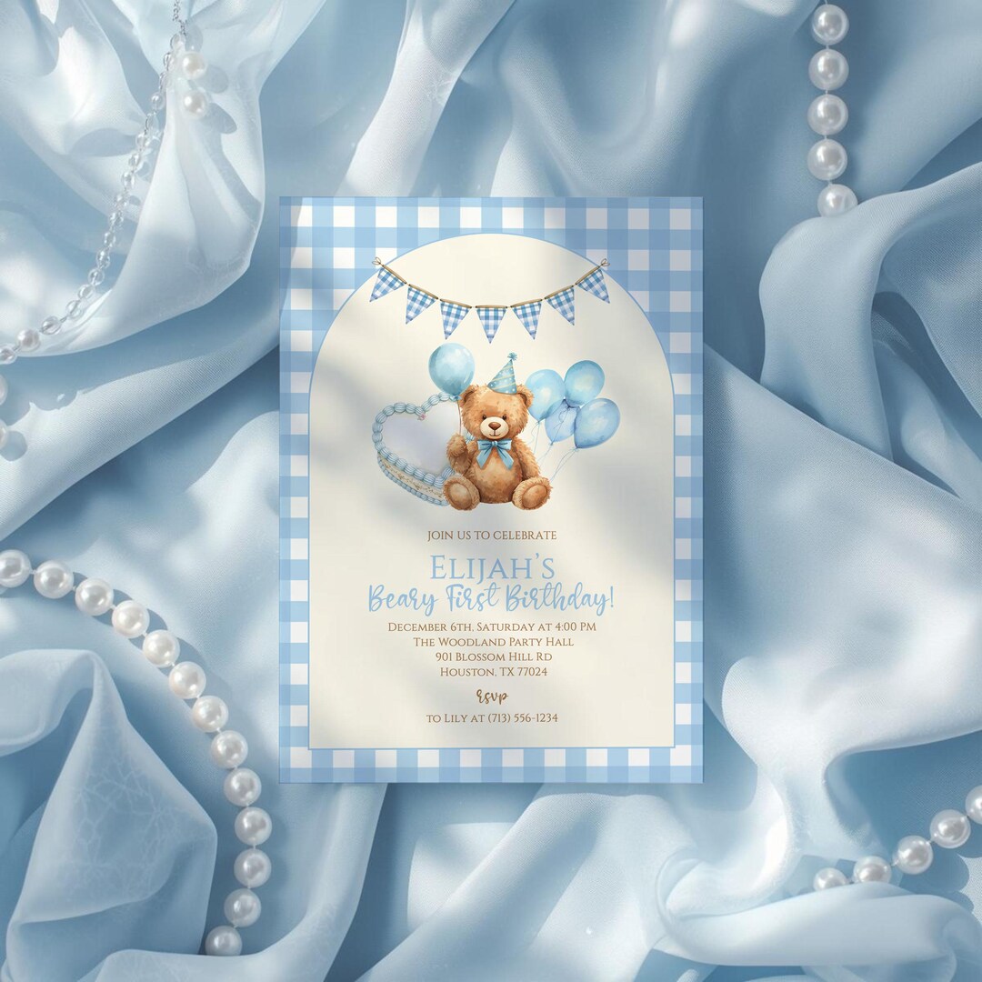 Blue Gingham Teddy Bear 1st Birthday Invitation Boy, Beary First ...