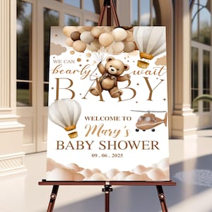 Bearbeitbares Bären-Ballon-Babyparty-Willkommensschild, Teddybär-Plakat, Wir können Bärenbabyparty-Schild warten, neutrale Boho-Digital-Vorlage