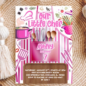 Editable Pink Kitchen Party Invite, Girls Cooking Birthday Invitation, Chef Birthday Party, Little Chef Template, Baking Party for Kids