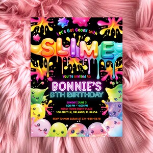 Invitación para fiesta infantil de slime con brillo neón, invitación de cumpleaños editable, plantilla de slime brillante, descarga instantánea en Canva, fiesta de slime para niñas