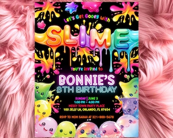 Neon Glow Slime Party Invitation for Kids, Editable Slime Birthday Invite, Glitter Slime Template, Instant Download Canva, Girl Slime Party