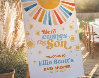 Sonshine Baby Shower Welcome Sign, Here Comes The Son Baby Shower Welcome Sign, Printable Boho Sun Poster Sun Welcome Sign Editable Template