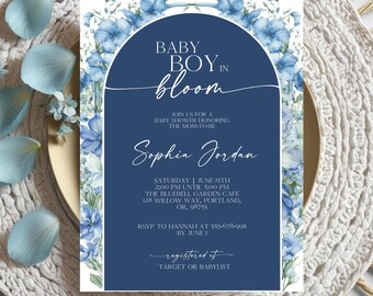 Baby in Bloom Invitation Boy, Blue Wildflower Baby Shower Evite, Editable Template, Blue Floral Invite for Boy Baby Shower, Baby Shower Boy