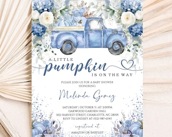 A Little Pumpkin Baby Shower Invitation, Editable Blue Truck Fall Baby Shower Invite, Fall Autumn Baby Boy Shower Template, Digital Download