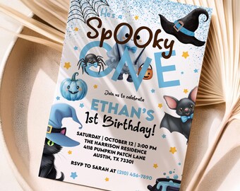 Blauer gruseliger Einladungsjunge, bearbeitbarer Halloween-Party-Geist 1. Geburtstagsfeier einladen, niedlicher Geist, erster Boo-Tagesvorlage Sofort-Download