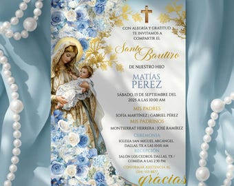 Virgen Mary Niño Baptism Invitation, Editable Blue Bautizo Canva Template, Digital Spanish Christening Invite, Mi Bautizo Tarjeta en Español