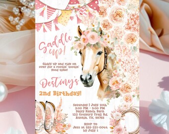 Invitación de cumpleaños de vaquera con flores rosas, plantilla para fiesta de caballos, invitación editable del oeste, invitación para fiesta de vaquera con caballos, descarga digital