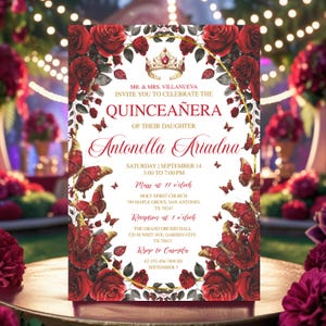 Invito modificabile rosso Quinceañera Farfalla floreale bordeaux e oro Mis Quince Anos stampabile Dolce 16 Tiara Party Fiesta de Quince Años