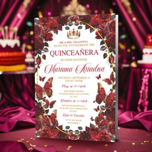 Invito floreale per la festa di compleanno di Mis Quince Anos, modello modificabile bordeaux e oro, invito stampabile per la festa di compleanno di 15 anni con farfalla, tiara principessa da scaricare