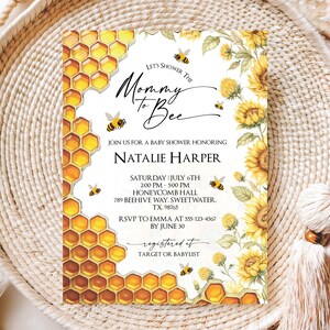 Convite para chá de bebê Honey Bee, convite para chá de bebê Mommy to Bee, modelo editável do Canva, revelação do sexo do bebê, download digital do que o bebê Bee fará