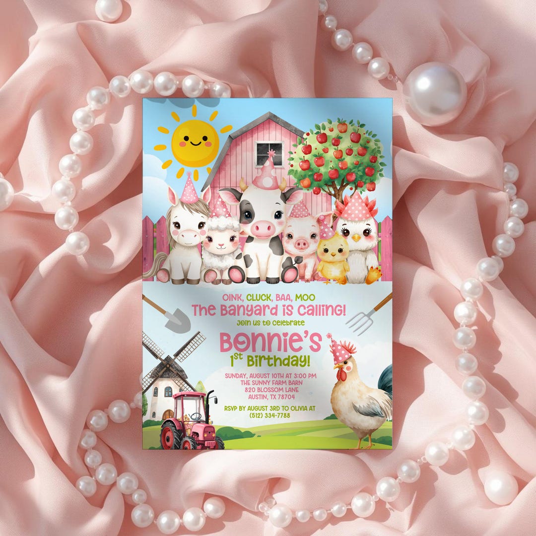 Pink Barnyard First Birthday Invitation: Farm Animals Girl Party Invite ...