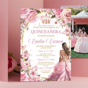 Rose Gold & Pink Quinceañera Invitation, Blush Pink Tiara Quince Evite, Floral Invite, Mis Quince Anos, 15th Birthday, Invitaciones 15 Años