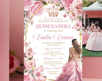 Rose Gold & Pink Quinceañera Invitation, Blush Pink Tiara Quince Evite, Floral Invite, Mis Quince Anos, 15th Birthday, Invitaciones 15 Años