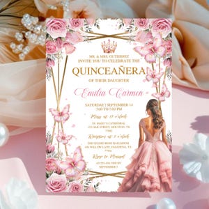 Faire-part Quinceañera diadème en or rose, fleurs roses, modifiable Mis coings Anos, modèle d&#39;invitation fête 15e anniversaire, faire-part rose poudré