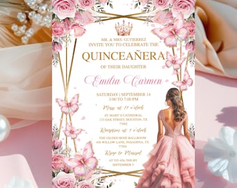 May include: A quinceañera invitation with a pink and gold floral design. The invitation includes the text "Mr. & Mrs. Gutierrez invite you to celebrate the Quinceañera of their daughter Emilia Carmen."