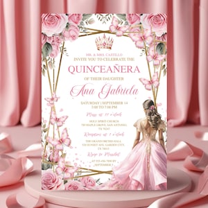Editable Pink Rose Gold Quinceañera, Butterfly Party Template, Floral Mis Quince Anos, Sweet 16 Invite, Girl 15th Birthday Mis XV Anos Party
