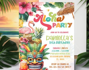 May include: Aloha Party invitation with a tropical theme. The invitation features a pink flamingo, a tiki mask, and a pineapple. The text on the invitation reads "Aloha Party" and "Join us to celebrate Daniella's 10th Birthday".